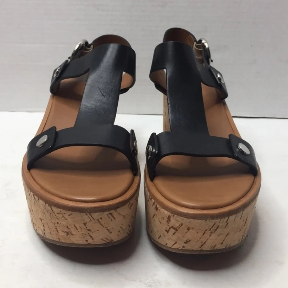 FRYE // dahlia black leather upper rivet detail platform cork wedge sandals